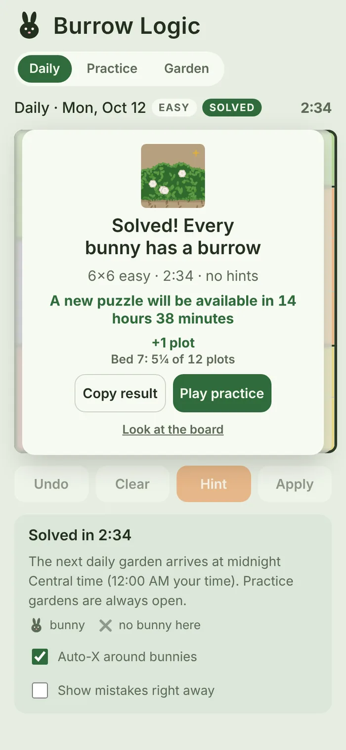 The win card after a daily puzzle: solved in 2 minutes 34 seconds with no hints, plus one plot added to the garden and a countdown to the next puzzle.